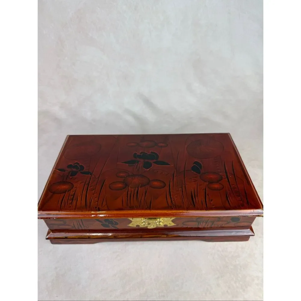 Vintage Chinese Lacquered Wood Vanity Jewelry Box w/ Mirror READ